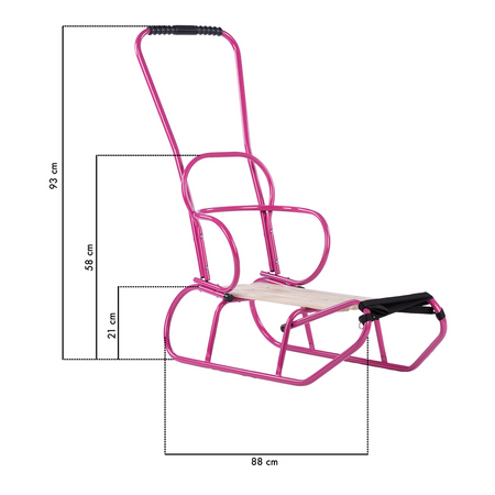 Sanki metalowe TO-MA  z oparciem i popychaczem - RÓŻOWE w zestawie z materacykiem - CZARNYM